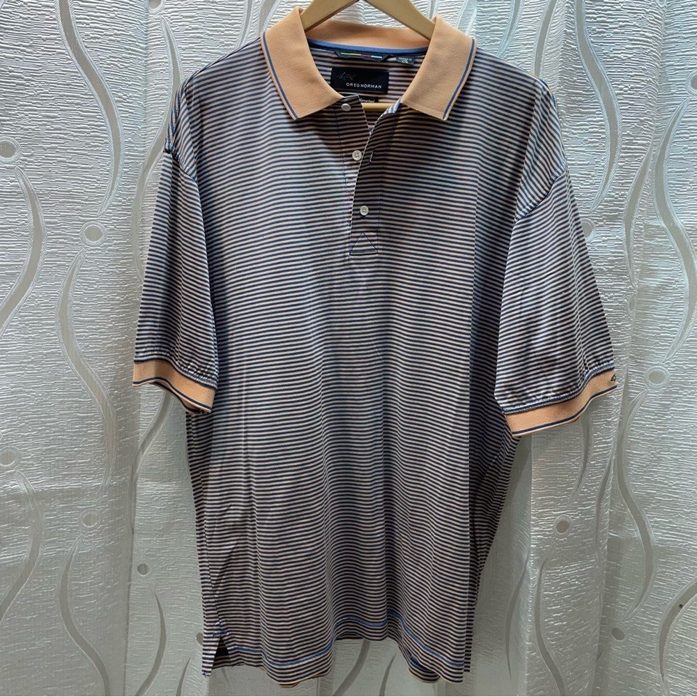 Greg Norman Mens Striped Polo Shirt Coral Blue Double Mercerized Cotton L G Golf